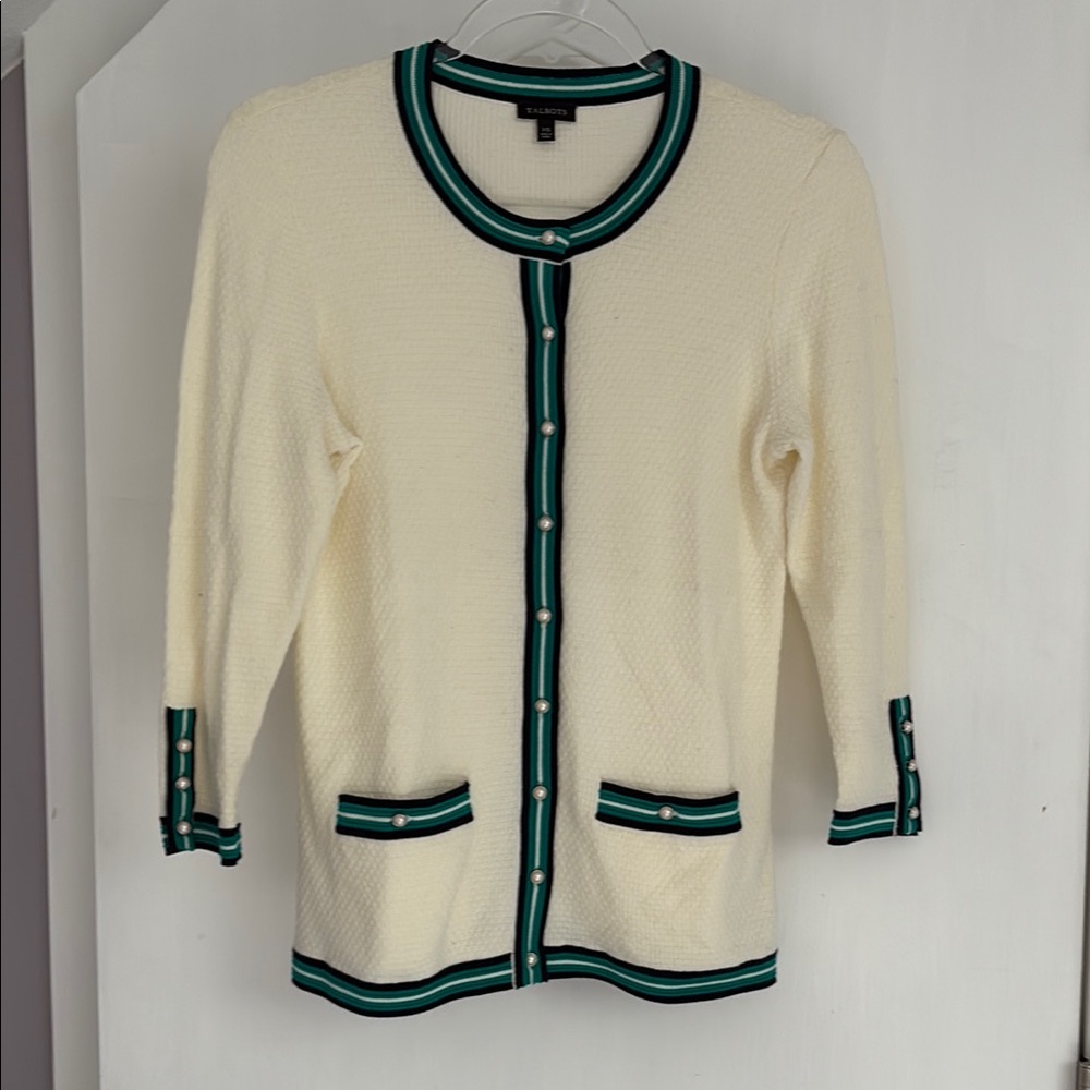 Talbots Cream and Black Cardigan Sweater with pearl buttons - size XS